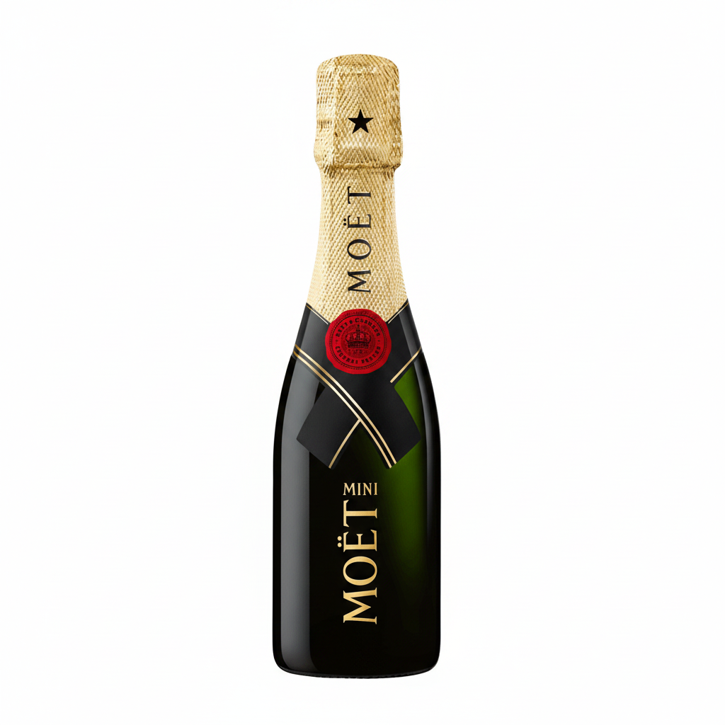 A 200mL bottle of Moet & Chandon Brut Imperial champagne, featuring a gold and black label and a clear glass bottle.