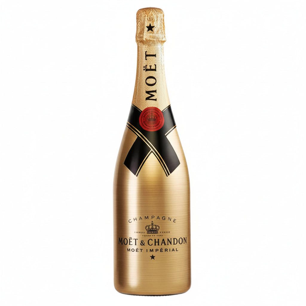 Moet & Chandon Imperial Brut champagne bottle with a gold festive sleeve, elegant and celebratory design.