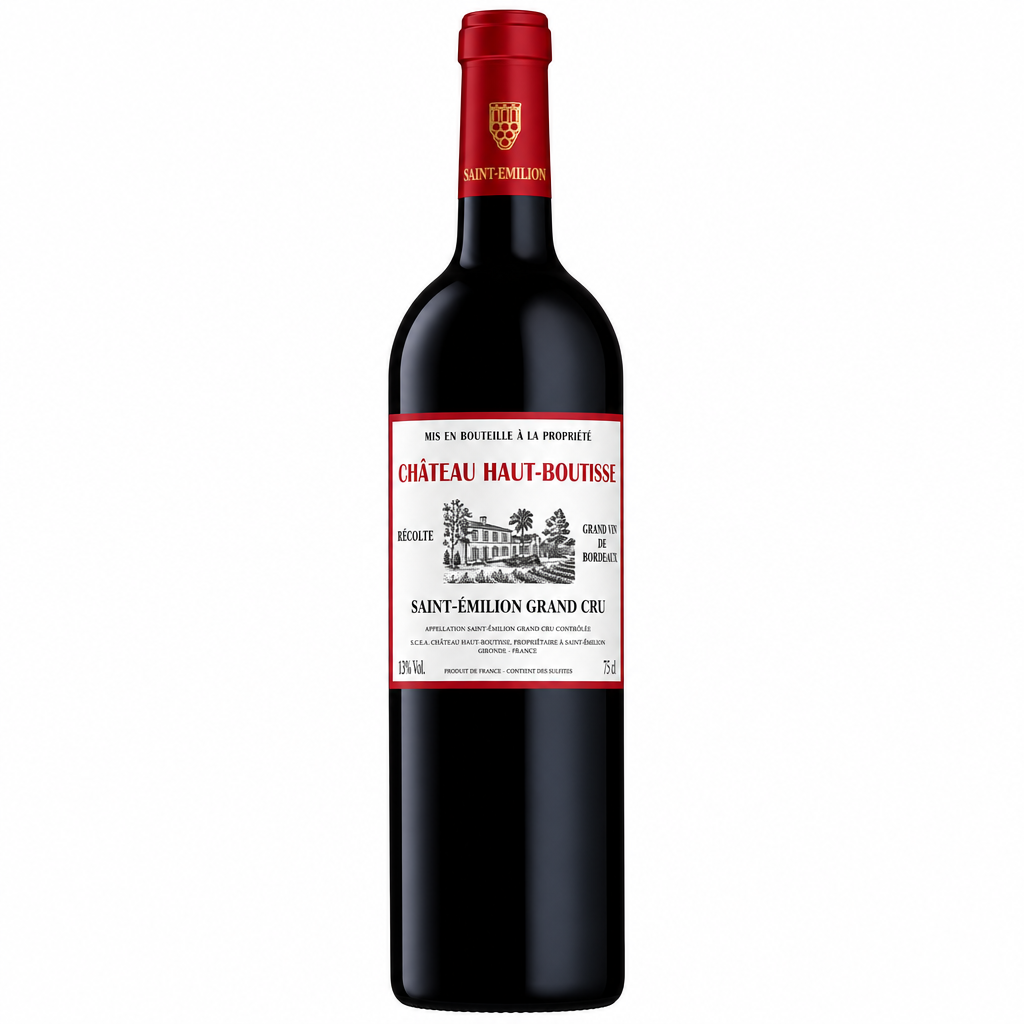 Bottle of Chateau Haut Boutisse Saint Émilion Grand Cru wine with label visible and deep red color in a glass.