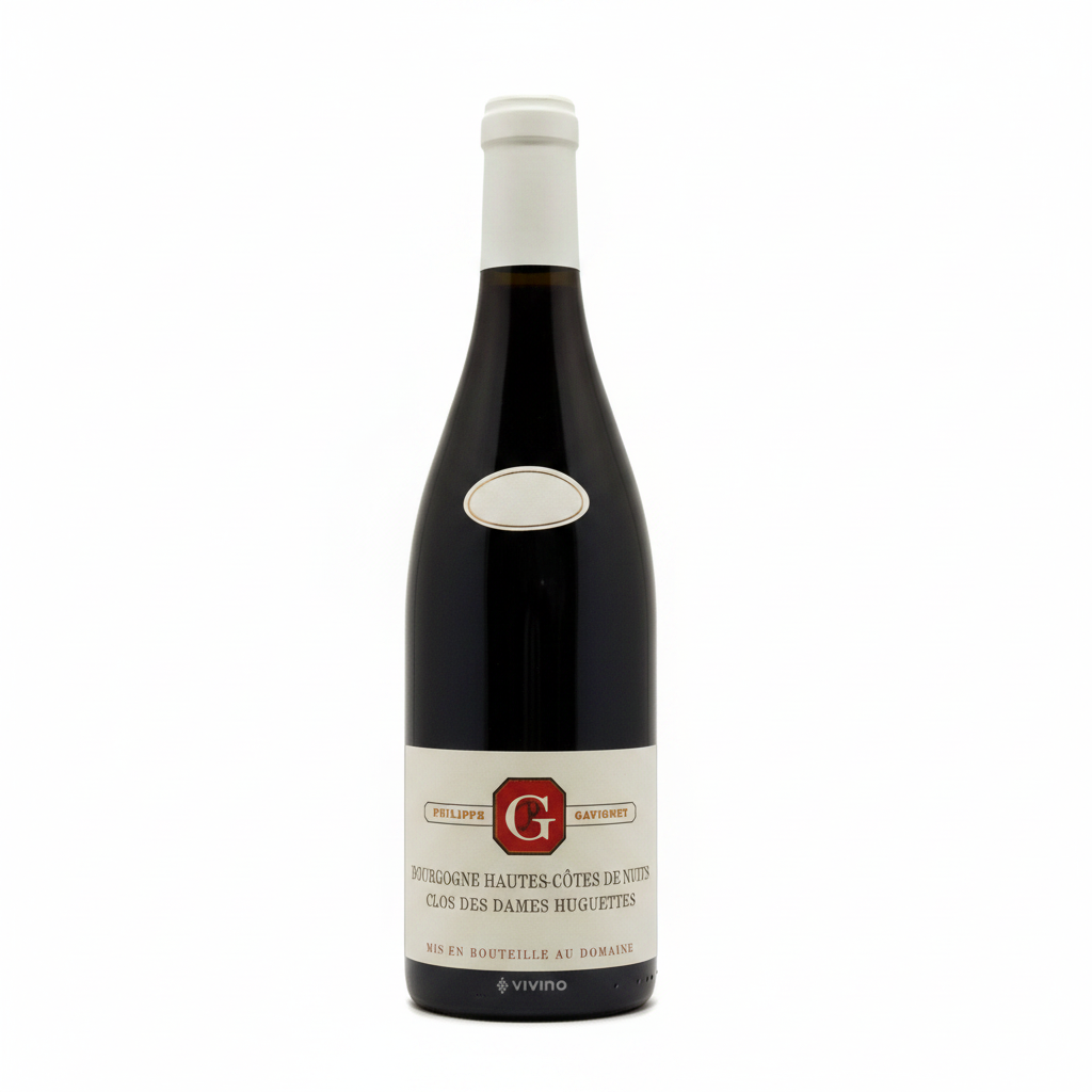 Bottle of Philippe Gavignet Hautes-Cotes de Nuits Clos Des Dames Huguettes wine with label visible in a clear glass bottle.