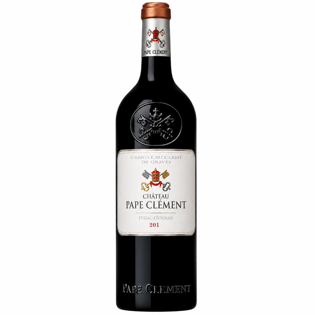 Bottle of Chateau Pape Clement Rouge red wine with label visible, showcasing a premium Bordeaux wine from Chateau.