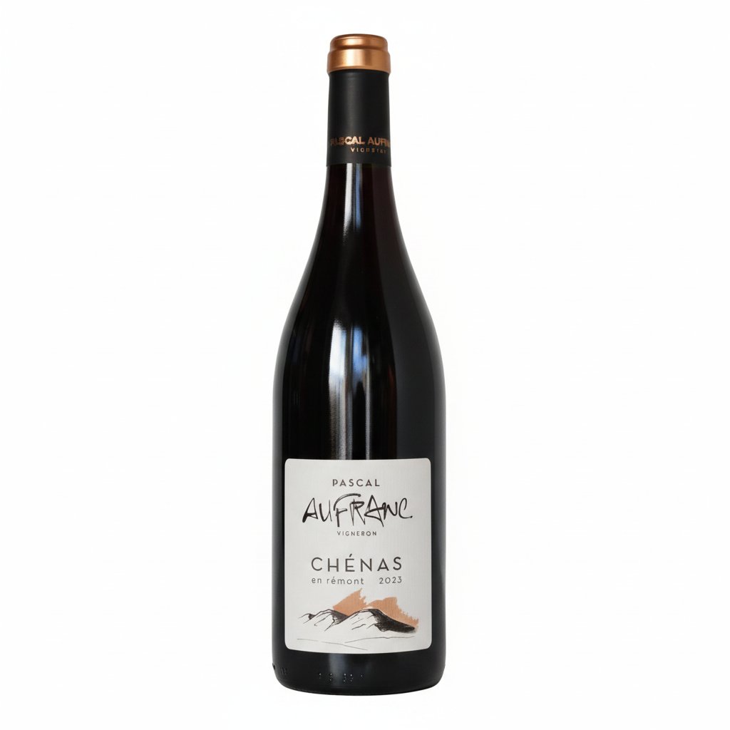 Bottle of Pascal Aufranc Chenas Vielles Vignes red wine with a dark label and classic design.