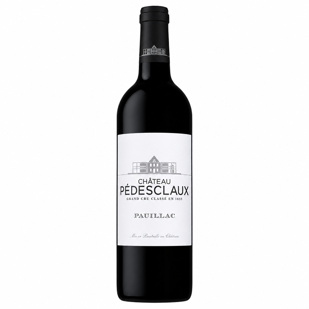 Chateau Pedesclaux wine bottle with label featuring elegant design, set against a neutral background.