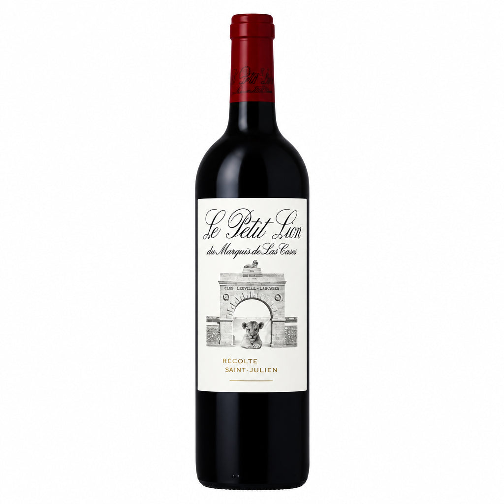 Bottle of Le Petit Lion du Marquis de Las Cases 20 vintage red wine from Saint-Julien, France, with a dark glass and classic label.