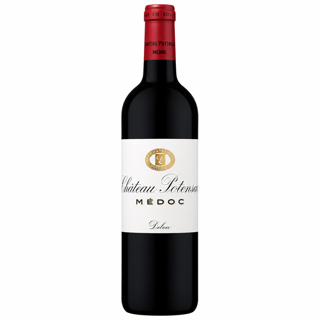 Chateau Potensac Medoc Cru Bourgeois red wine bottle with label, showcasing elegant wine packaging and branding.