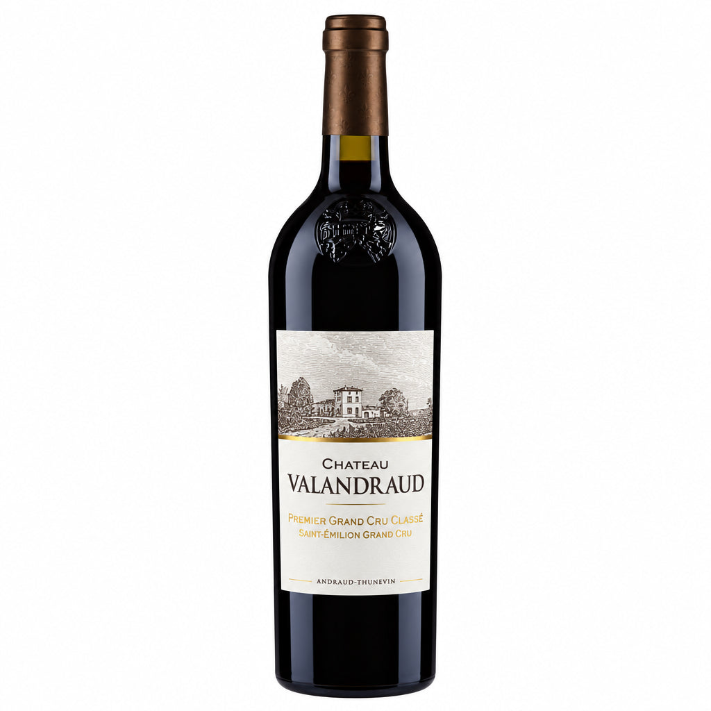 Bottle of Chateau De Valandraud 2020 red wine with a dark label and elegant label design, positioned upright on a neutral background.