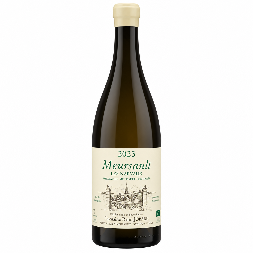 Bottle of Domaine Remi Jobard Les Narvaux 2023 white wine with a label showing Domaine branding and vineyard details.