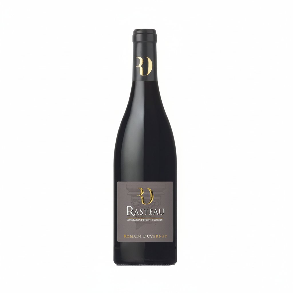 Bottle of Romain Duvernay Rasteau red wine with a dark label and elegant glass, showcasing rich color and wine details.