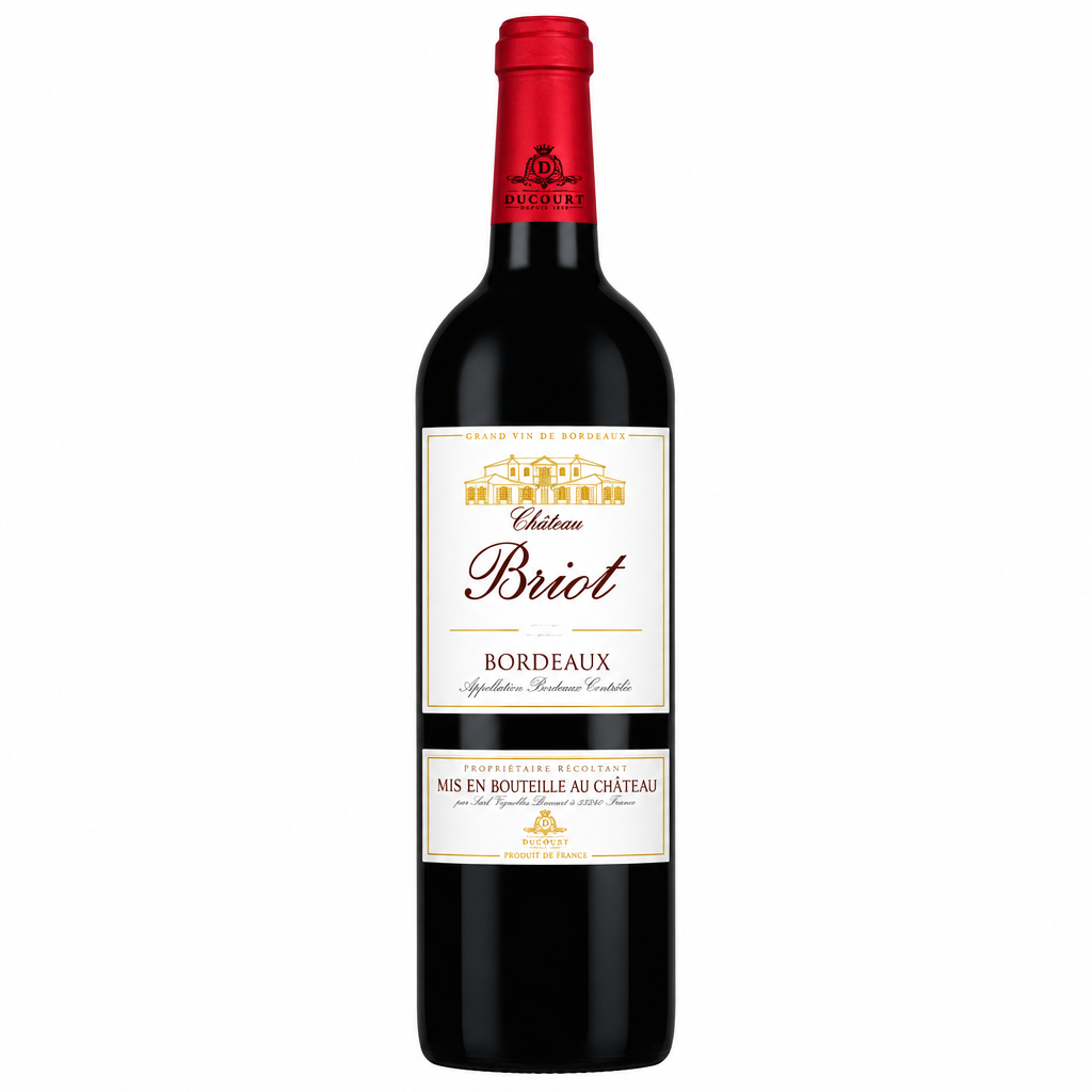 Chateau Briot wine bottle with label displaying elegant design and branding, positioned upright on a neutral background.