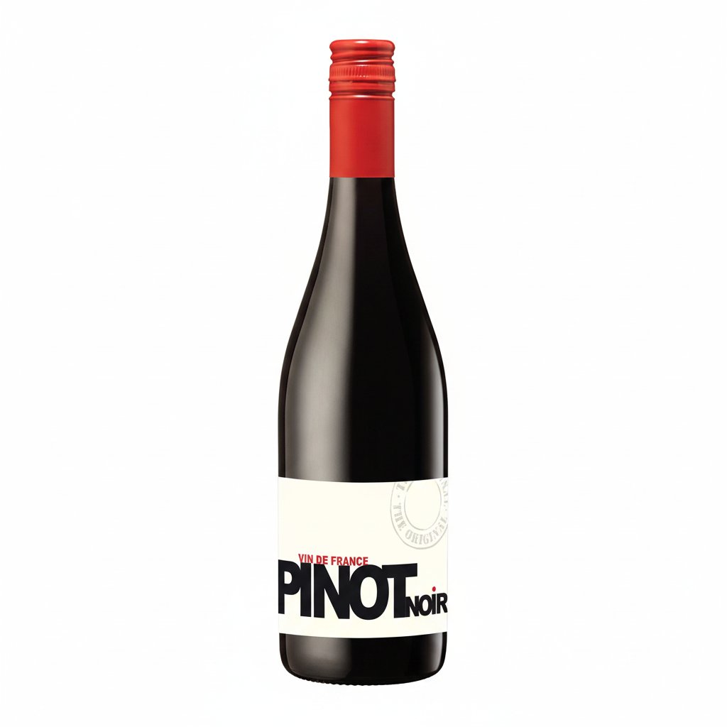 Glass of The Original Pinot Noir wine with a deep red color and a bottle in the background, showcasing elegant wine presentation.