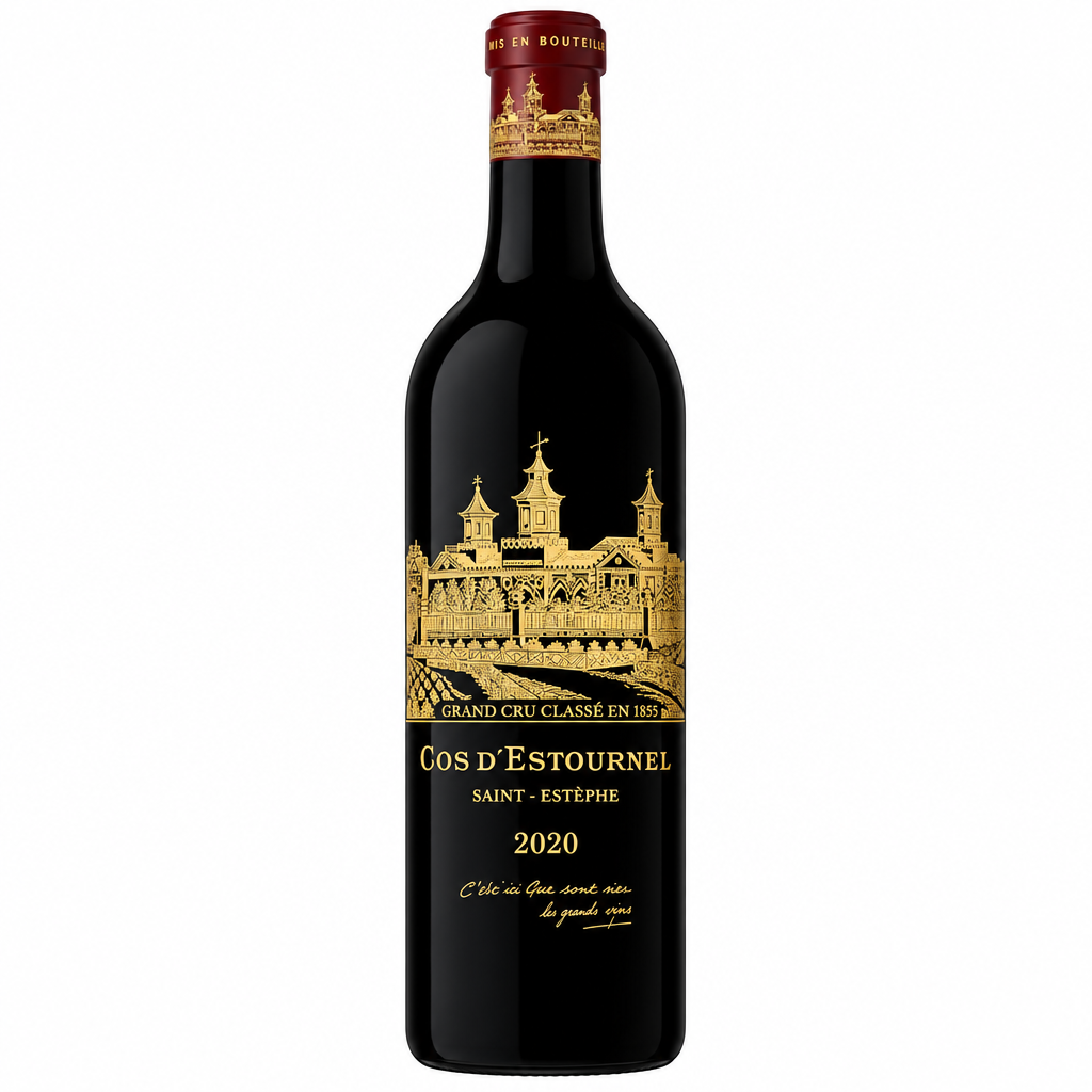 Bottle of Chateau Cos D'estournel 2020 red wine with a dark label and elegant glass, showcasing the premium wine packaging.