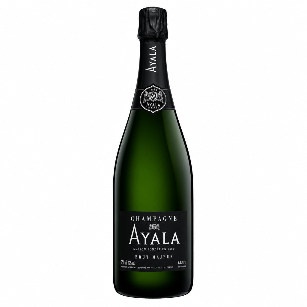 Bottle of Champagne Ayala Brut Majeur with elegant label, sparkling wine inside, and a classic champagne flute nearby.