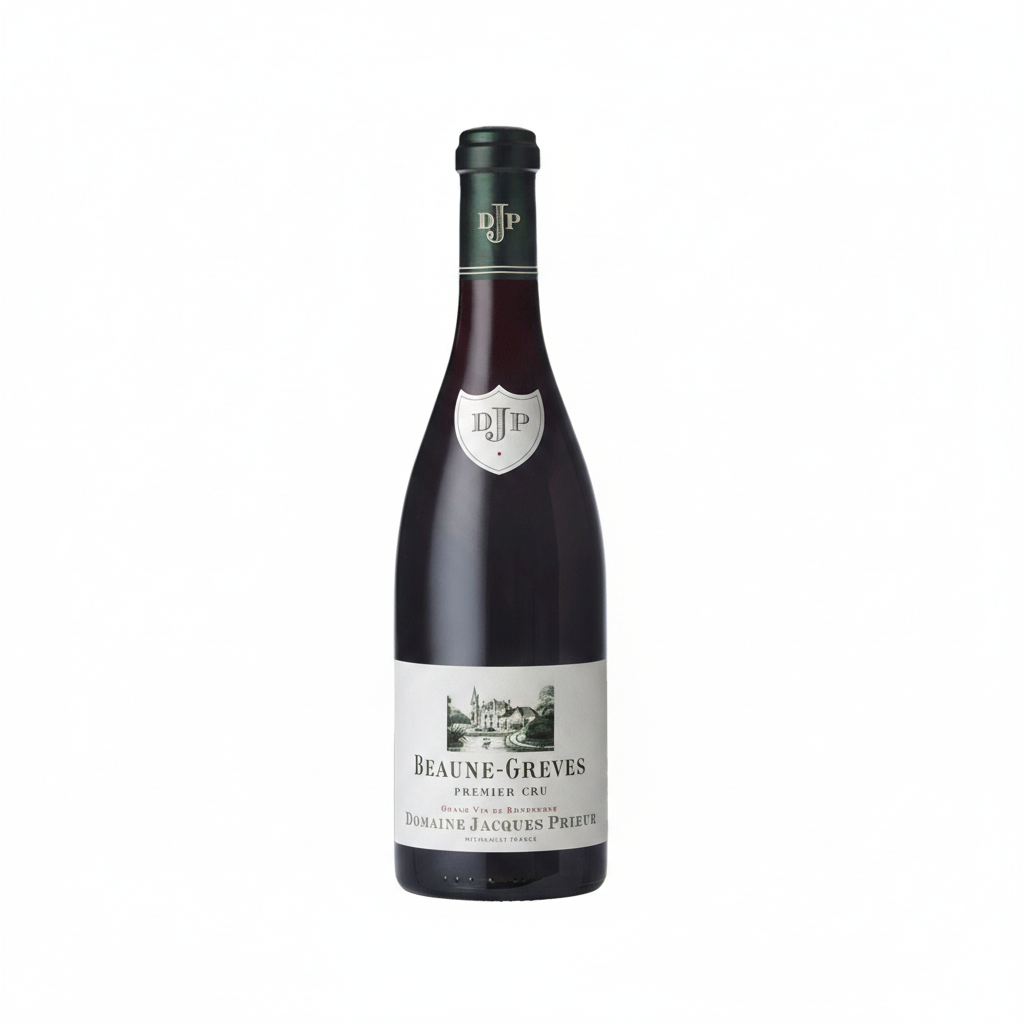Prieur Beaune Greves 1er Cru Rouge wine bottle with label showing, placed on a wooden surface, close-up shot.