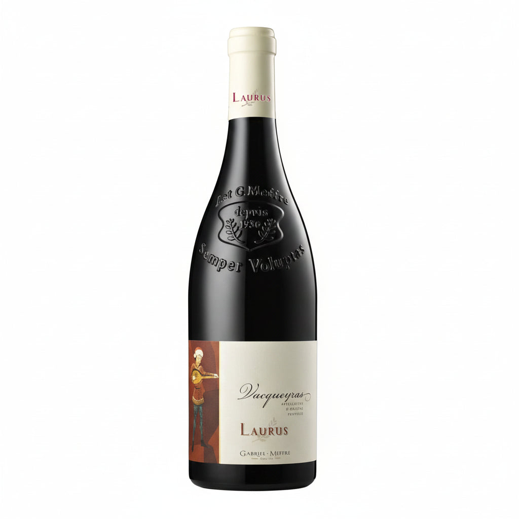 Laurus Vacqueyras wine bottle with label visible, featuring a deep red color and elegant design, placed on a neutral background.