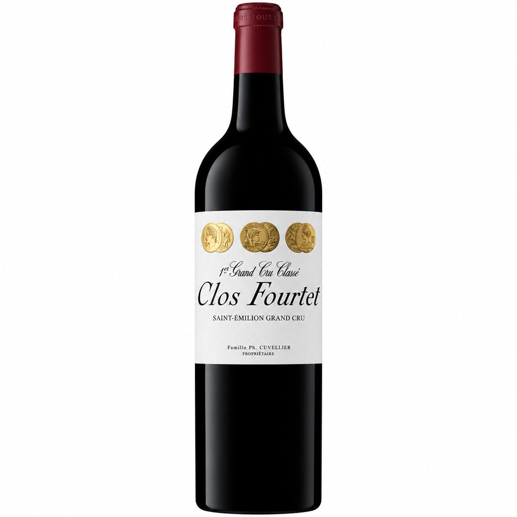 Bottle of Clos Fourtet 2022 red wine from the Clos winery, featuring a dark glass bottle with a label displaying vintage and vineyard details.