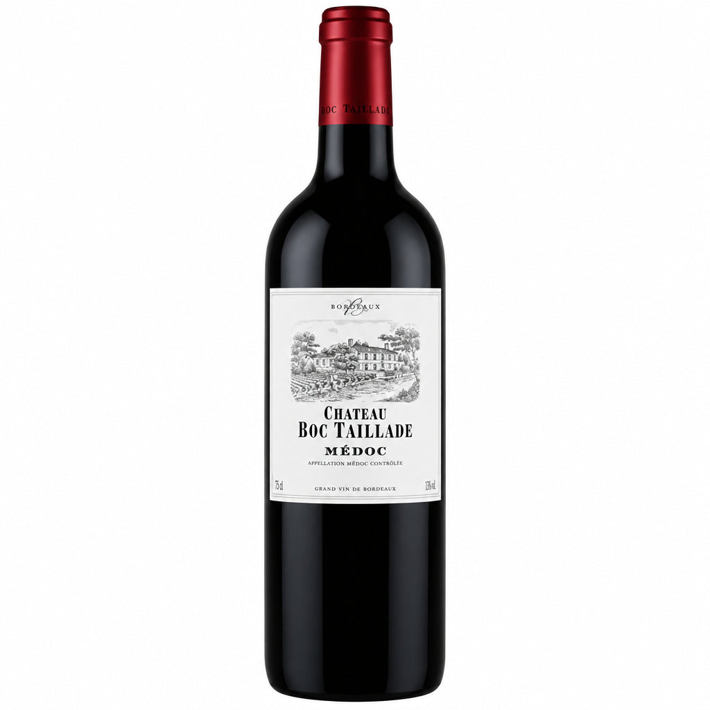 Chateau Roc Taillade Medoc wine bottle with label and cork, showcasing the elegant design and rich wine inside.