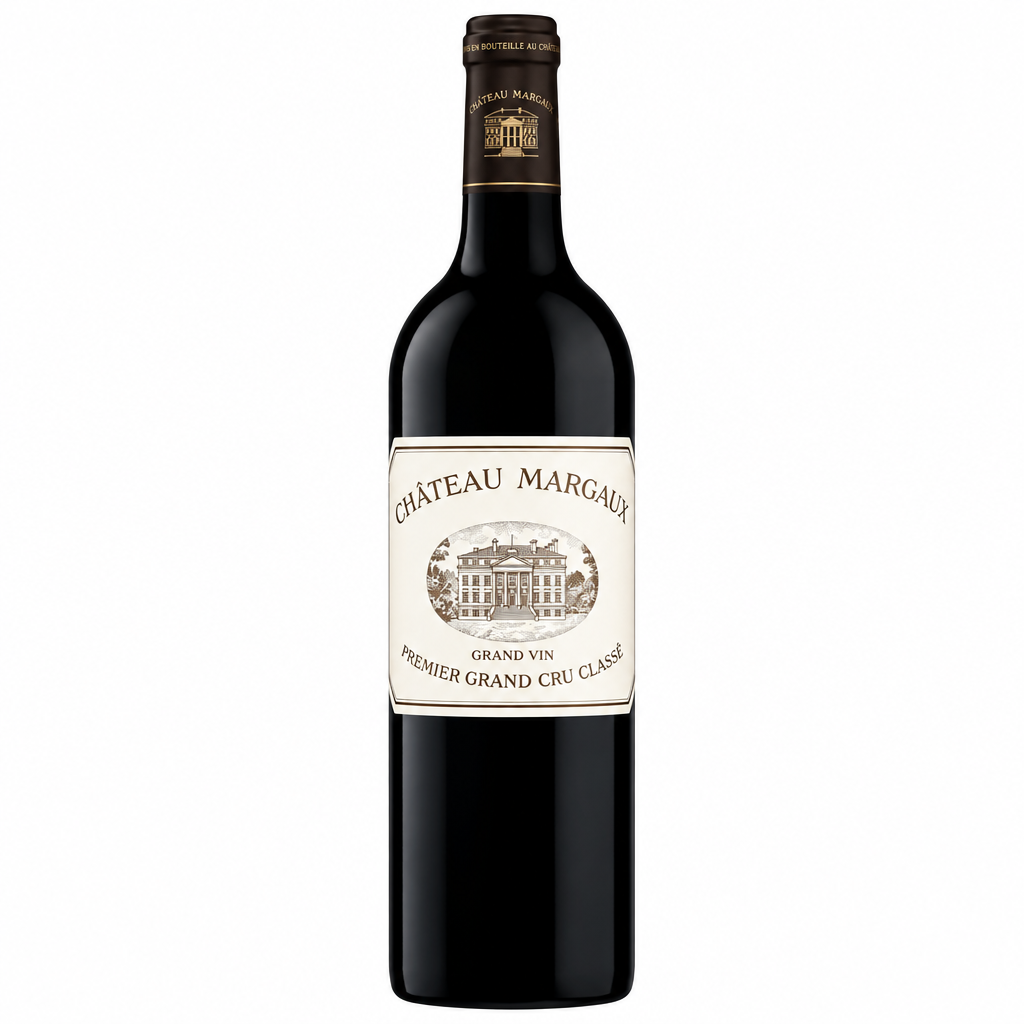 Bottle of Chateau Margaux 2020 red wine with elegant label, displayed against a neutral background.