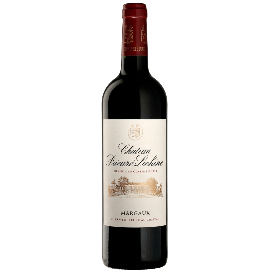 Bottle of Chateau Prieure-Lichine 2021 red wine with label visible, placed on a wine cellar shelf.