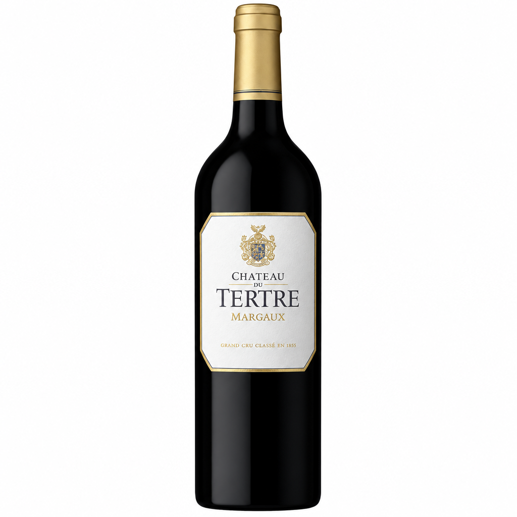 Bottle of Chateau Du Tertre Margaux red wine with label visible, in a wine glass and dark background.