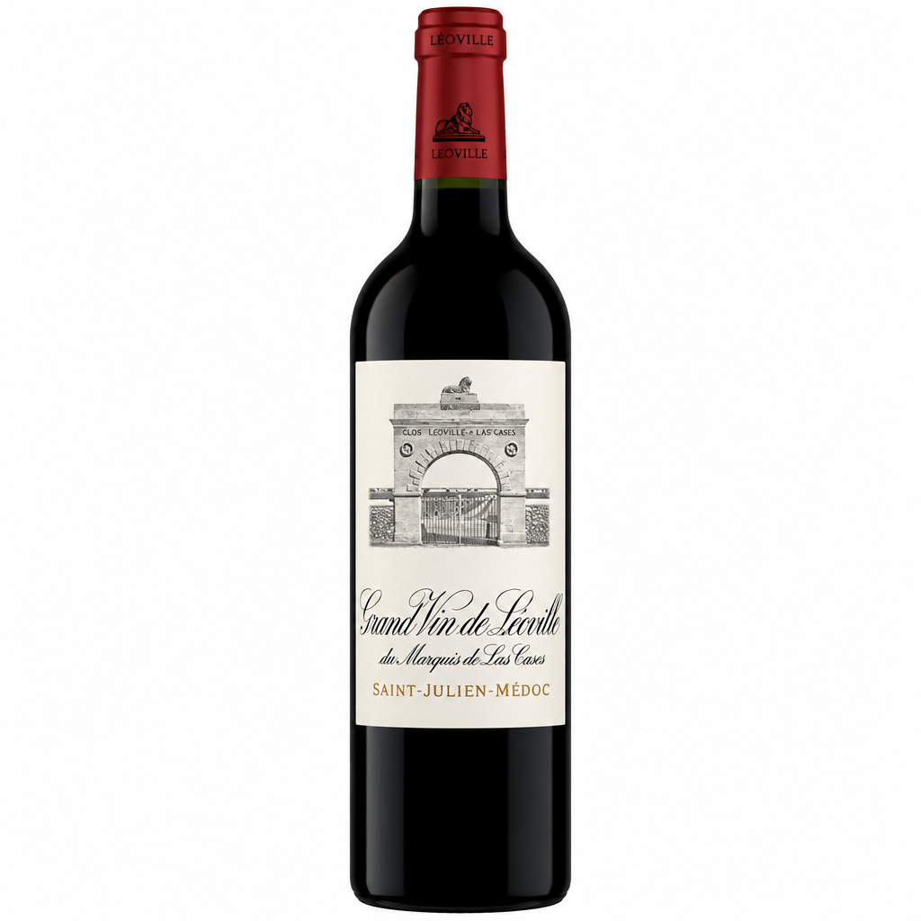 Chateau Leoville Las Cases 2020 bottle of red wine with label visible, showcasing a classic wine bottle design.