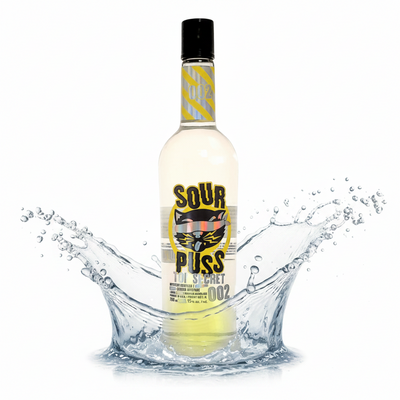 Bottle of Sour Puss Top Secret 002 flavored liqueur, 750mL, with colorful label and clear glass bottle.