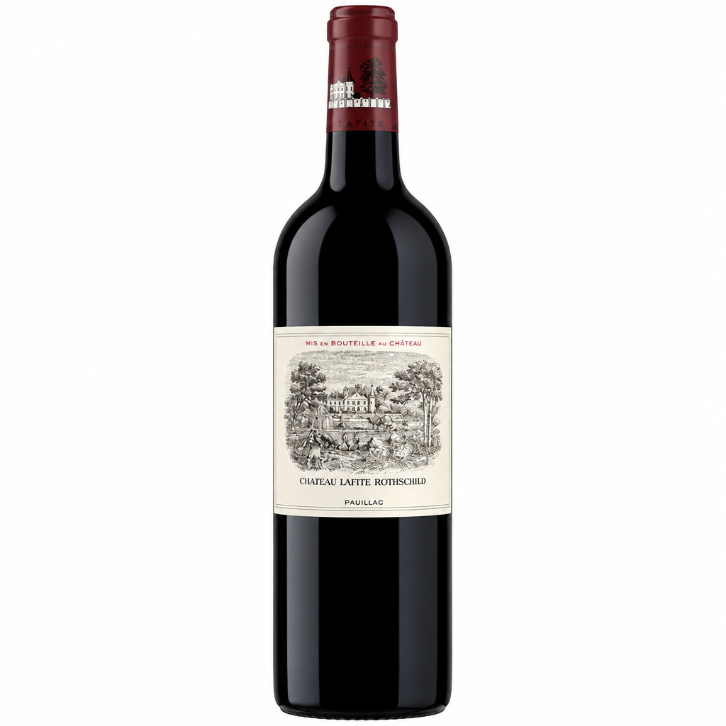 Bottle of Chateau Lafite Rothschild 2011 red wine with a dark glass and classic label, positioned upright on a neutral background.