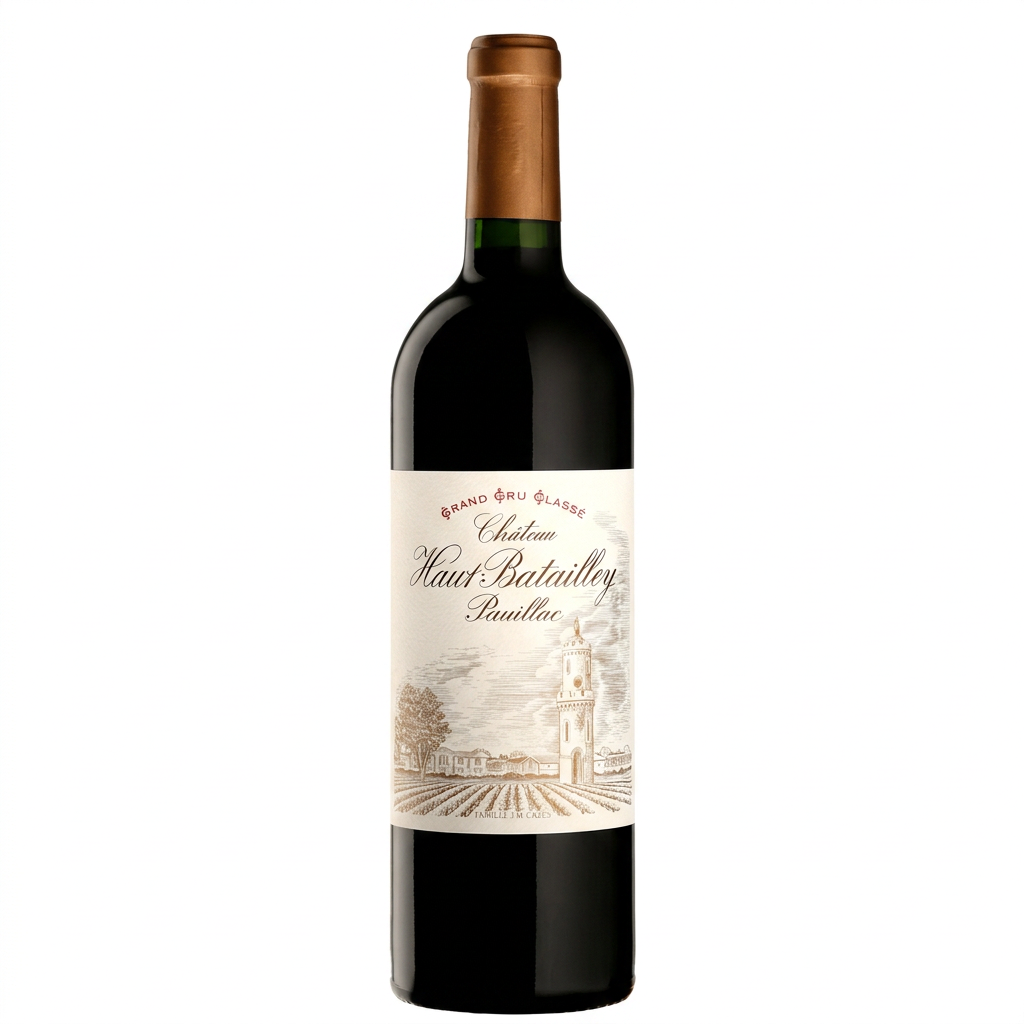 Bottle of Chateau Haut-Batailley 2021 red wine with a dark label, shown against a neutral background.