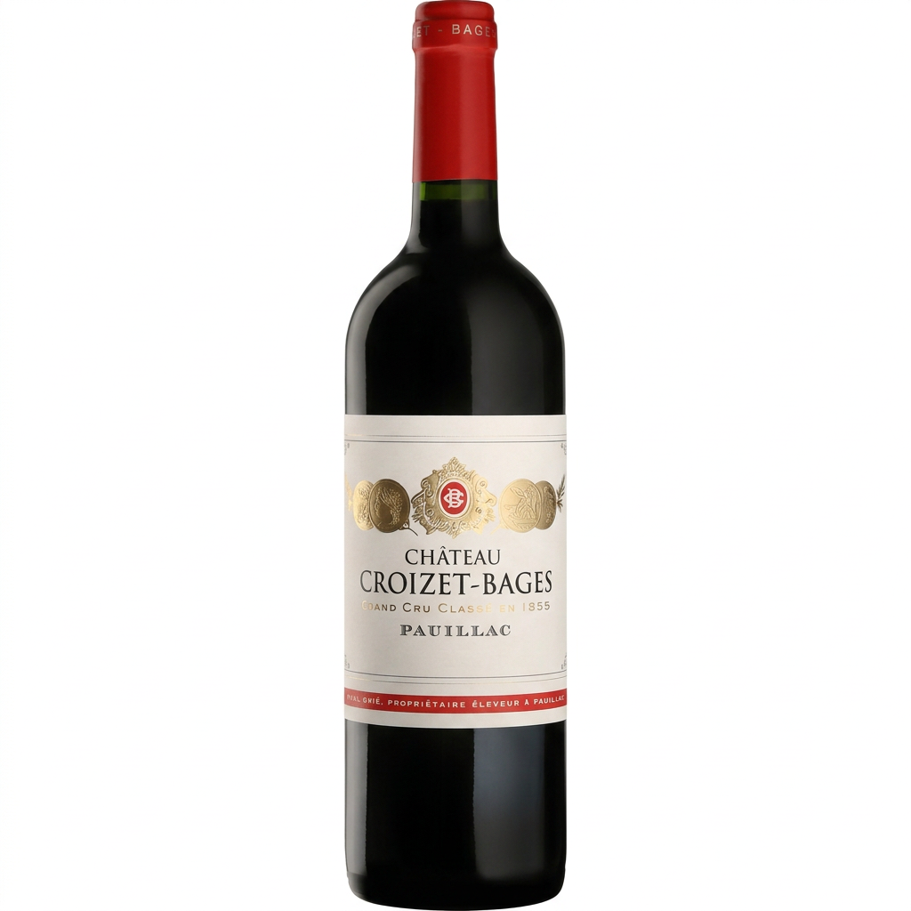 Bottle of Chateau Croizet-Bages AOC Pauillac red wine with a dark label and gold accents, standing upright.