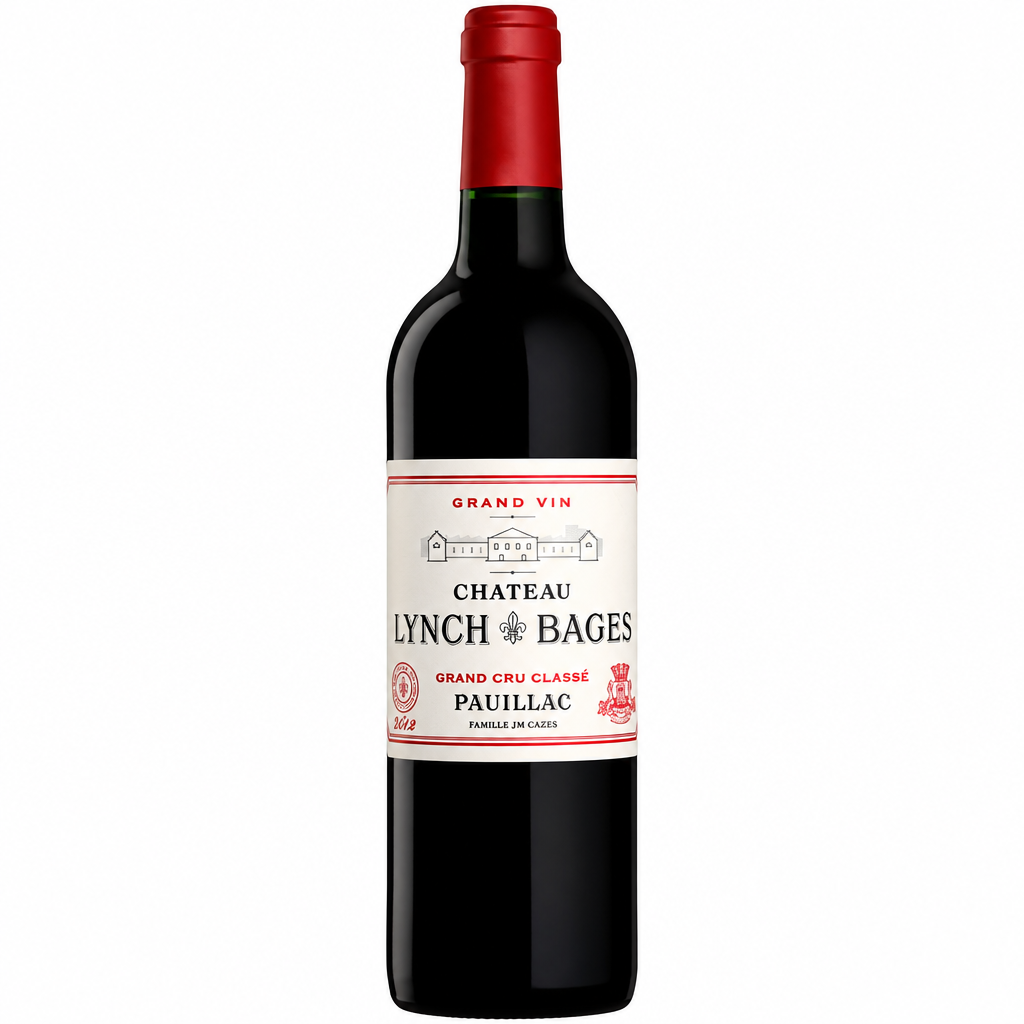 Bottle of Chateau Lynch Bages 2020 red wine with a dark label and elegant cork, showcasing the premium wine packaging.