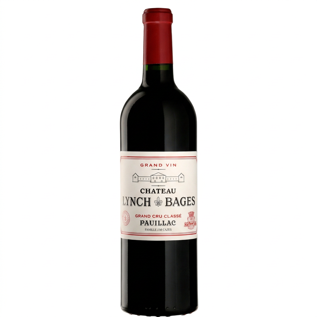 Chateau Lynch-Bages 2021 Bordeaux wine bottle with label and cork, showcasing the premium wine from Chateau winery.