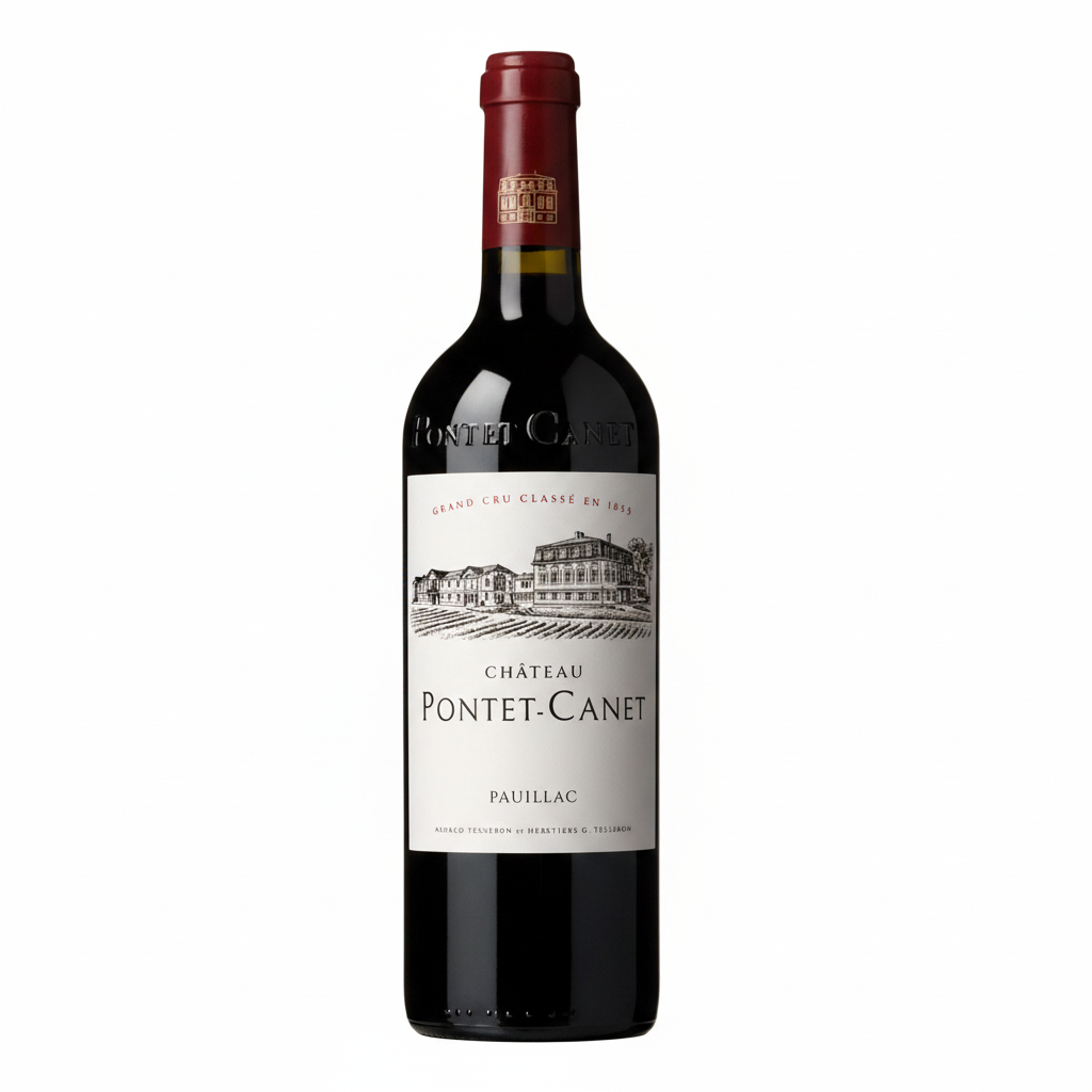 Bottle of Chateau Pontet Canet 2019 red wine with label visible, standing upright on a neutral background.