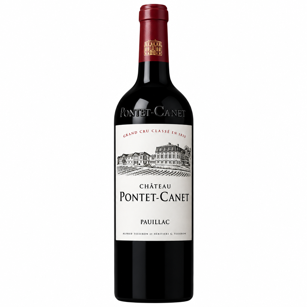 Chateau Pontet Canet 2020 wine bottle with label featuring elegant design and vintage year, standing upright against a neutral background.