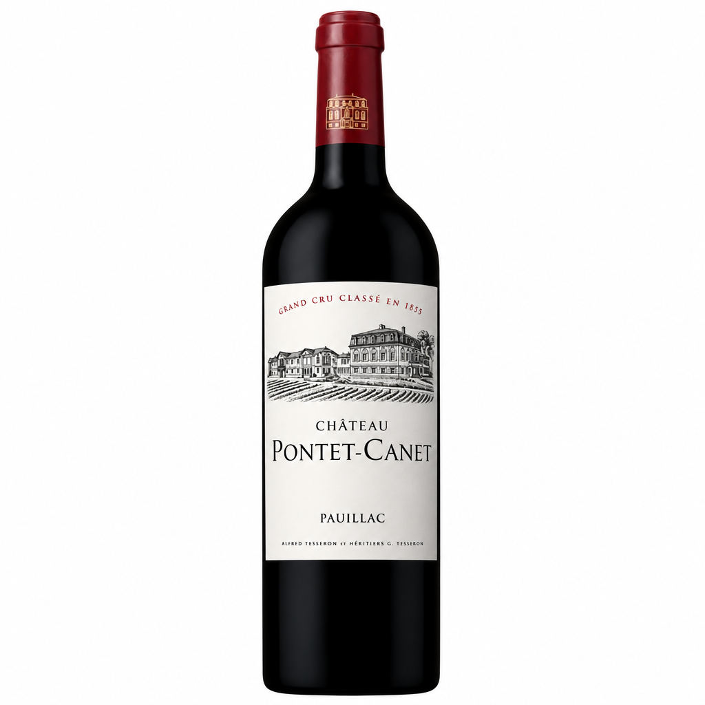 Bottle of Chateau Pontet Canet 2017 red wine with label visible, showcasing rich Bordeaux wine from Chateau.