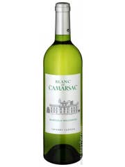 Chateau Camarsac White wine bottle with label, tall glass, and a wine glass filled with pale yellow white wine.