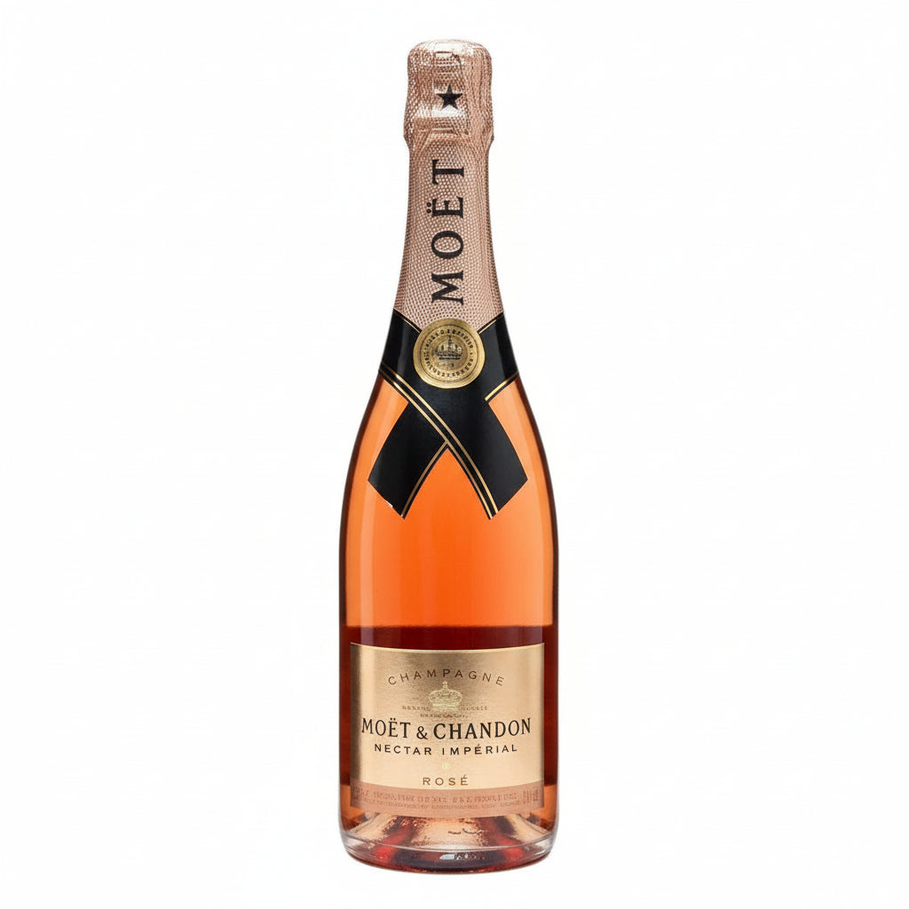 Bottle of Moet & Chandon Nectar Imperial Rose sparkling wine with pink hue and elegant label, on a white background.