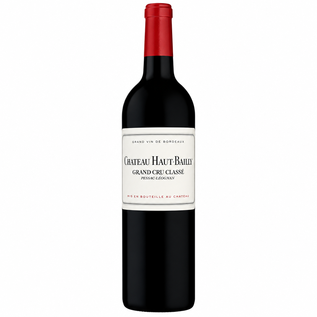 Bottle of Chateau Haut Bailly 2020 red wine with label visible, set against a neutral background, showcasing the wine's elegant packaging.