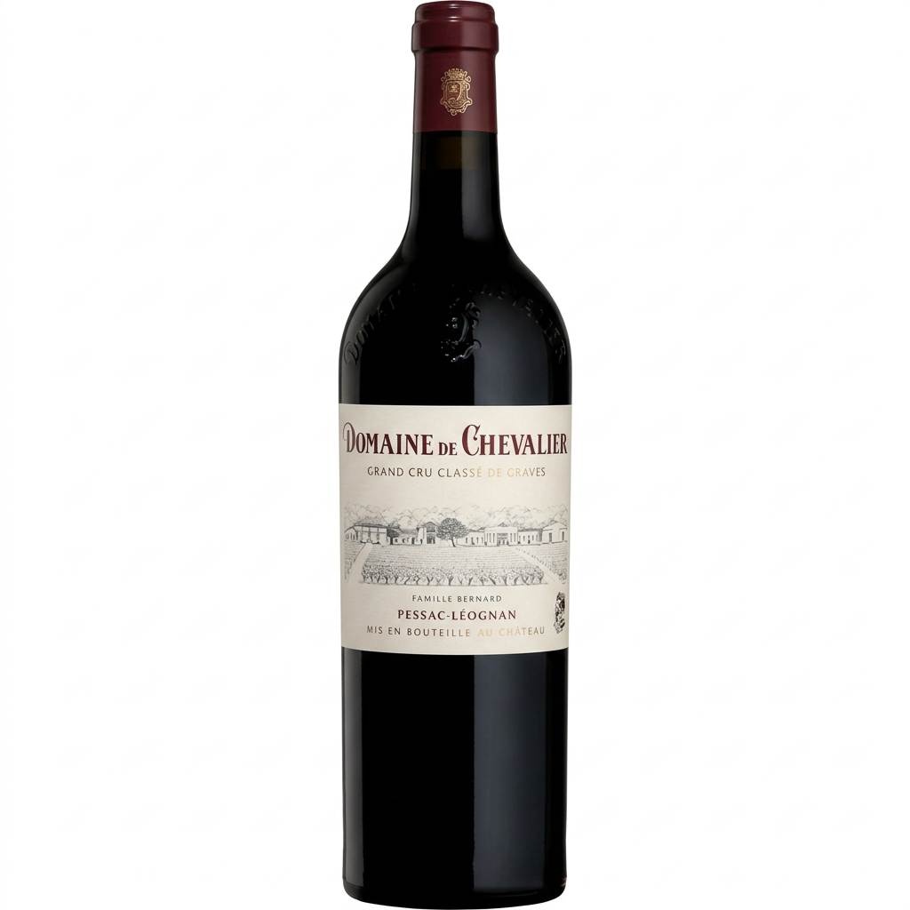 Bottle of Domaine De Chevalier 2021 wine with label visible, showcasing a Bordeaux-style red wine from Domaine estate.