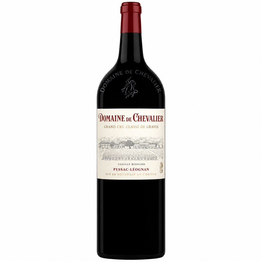 Bottle of Domaine De Chevalier 2019 red wine with label visible, set against a neutral background.