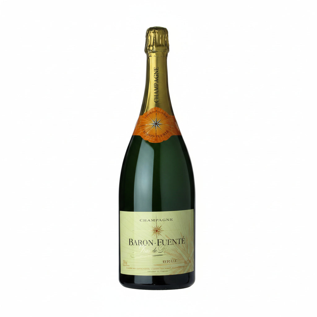 Champagne Baron-Fuente Reserve Brut Magnum 1.5L bottle with elegant label and golden foil, sparkling champagne in a large magnum bottle