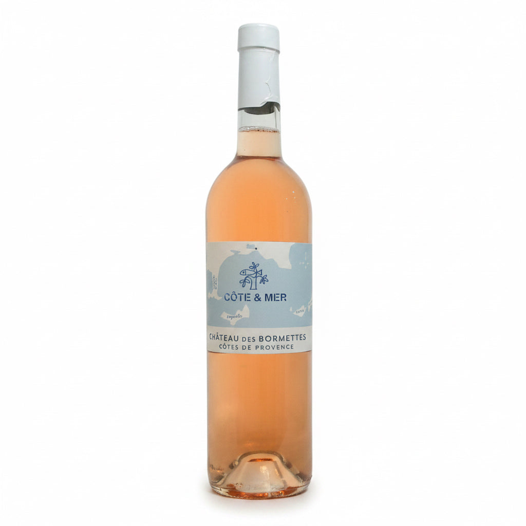 Chateau Des Bormettes Cote & Mer Rosé wine bottle with label, showcasing a pink and white design, on a neutral background.