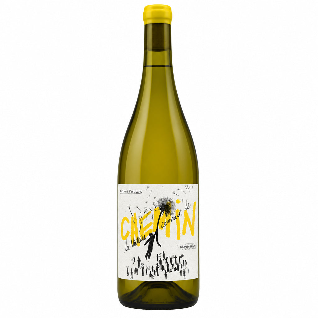 Les Indigenes Chemin Chenin Blanc wine bottle from Les, featuring a white label with elegant branding and a cork closure.
