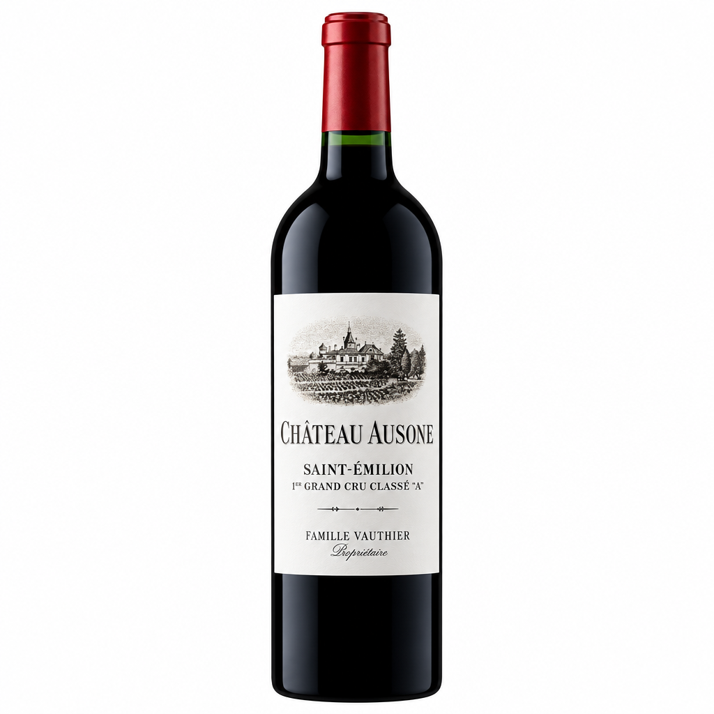 Bottle of Chateau Ausone 2010 red wine with label visible, featuring elegant design and classic wine bottle shape.