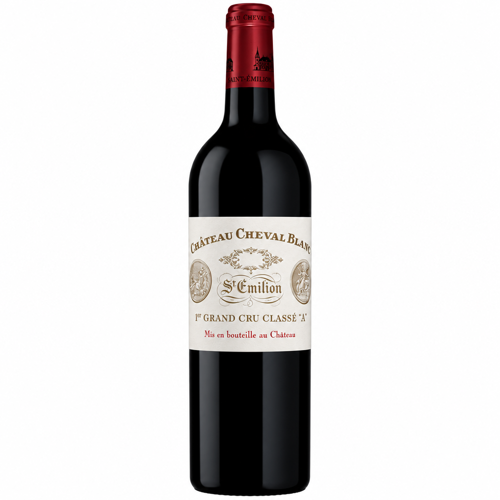 Bottle of Chateau Cheval Blanc 2014 red wine with label visible, showcasing a fine Bordeaux wine from Chateau.