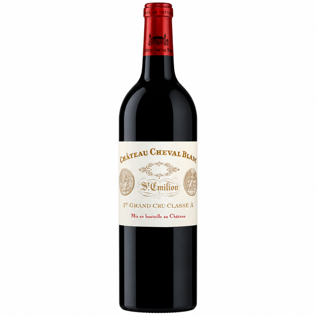 Bottle of Chateau Cheval Blanc 2016 red wine, featuring its label and elegant glass presentation.