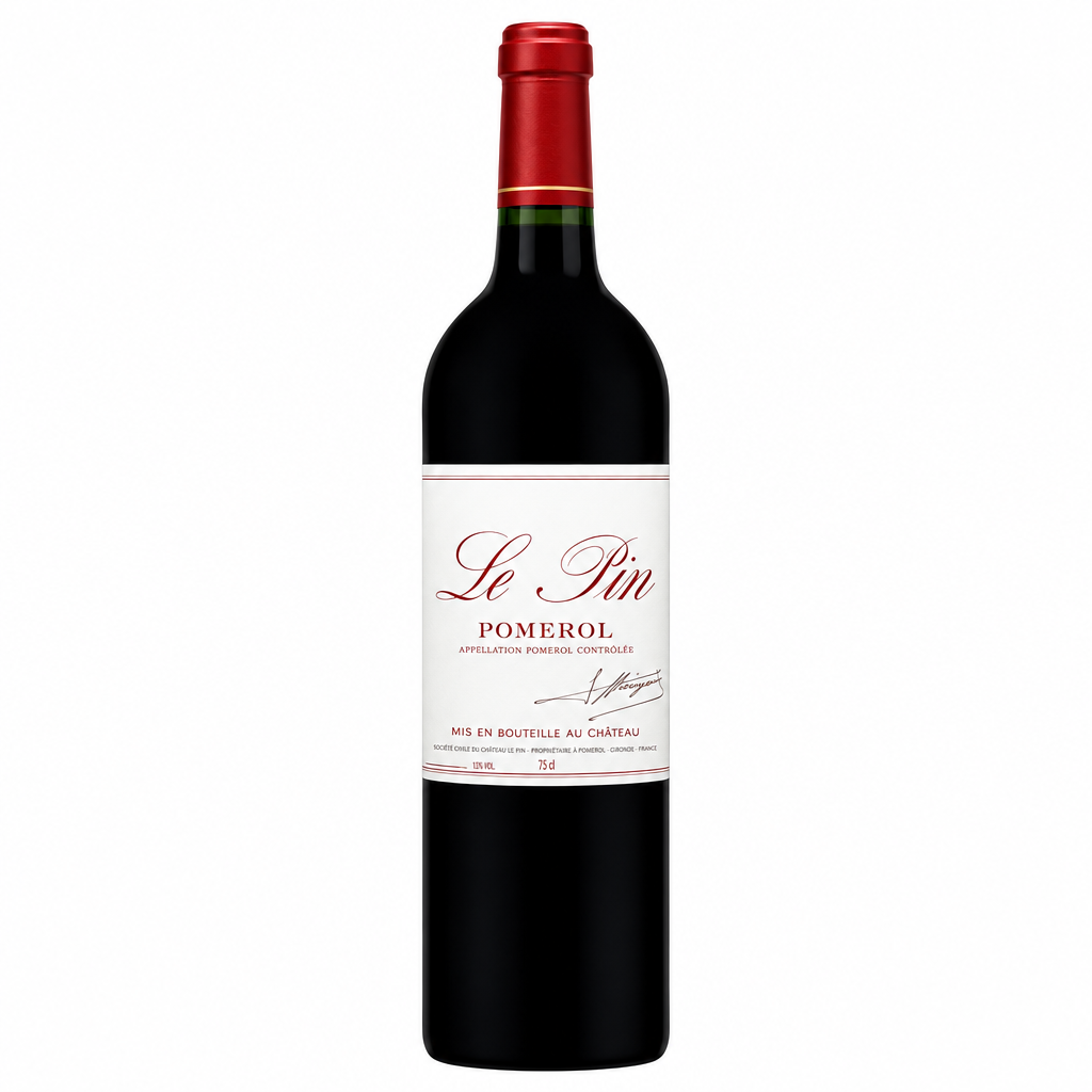 Close-up of the Le Pin 2021 wine bottle showing the label with elegant design and vintage year.