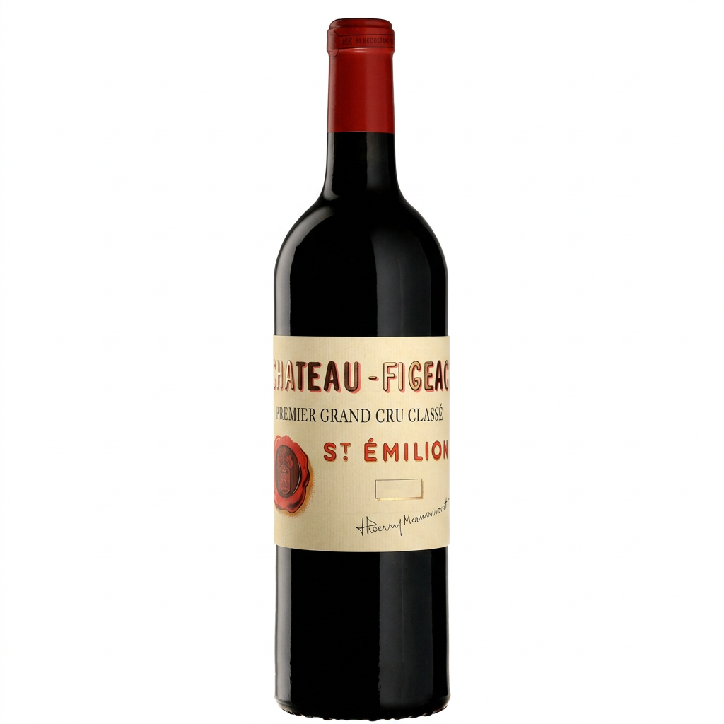 Chateau Figeac 2021 wine bottle with label and glass of red wine on a wooden table.