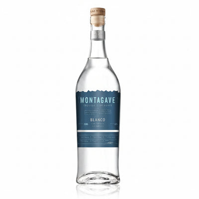 Montagave Blanco Las Rocas tequila bottle with clear glass and label, 750mL size, on a neutral background.