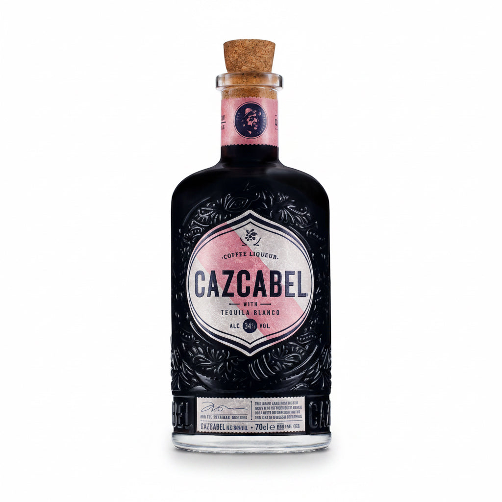 Cazcabel Coffee liqueur bottle with black label, cork stopper, and pink accents, featuring decorative patterns and branding.