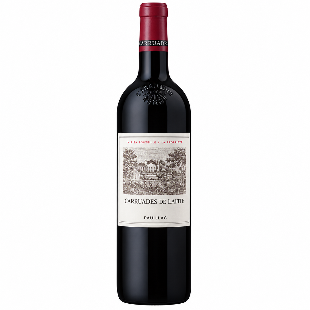 Bottle of Chateau Carruades de Lafite 2019 red wine from Chateau Lafite Rothschild, featuring the wine label on a dark bottle