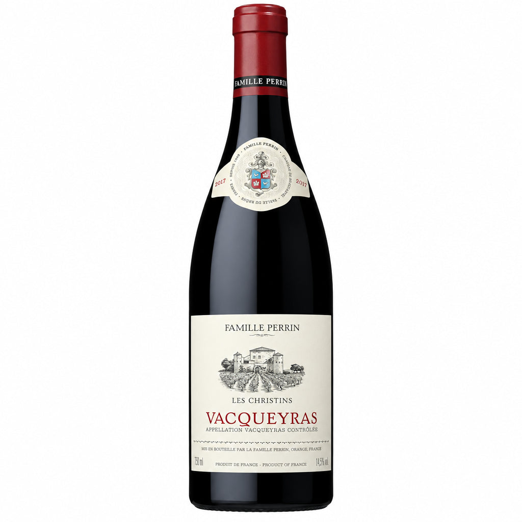 Famille Perrin Vacqueyras Les Christins red wine bottle with label, showcasing French vineyard and wine details.